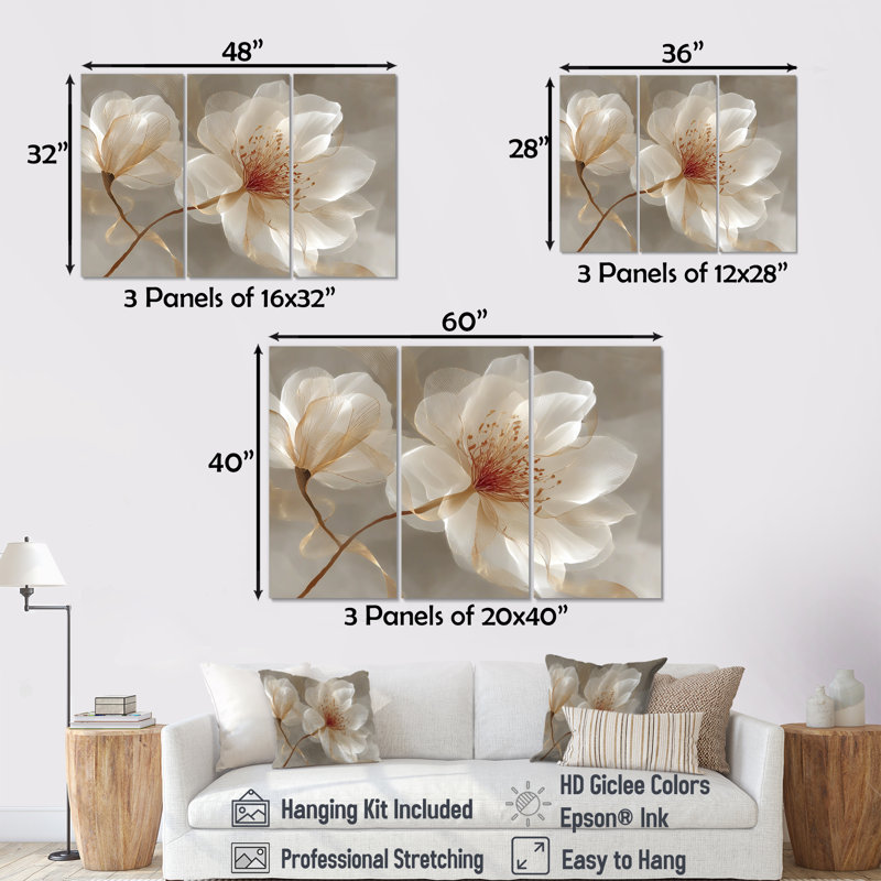 Délicat Magnolia doré - ensemble d'art mural Magnolias, H 40 po x l 60 po, Toile tendue, Ne s’applique pas