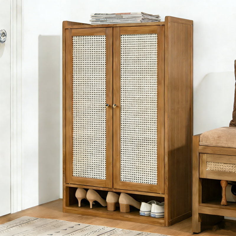 Freestanding Shoe Storage Cabinet, 18-Pair Bamboo Shoe Rack with Woven-Look Doors, Boho Entryway Organizer