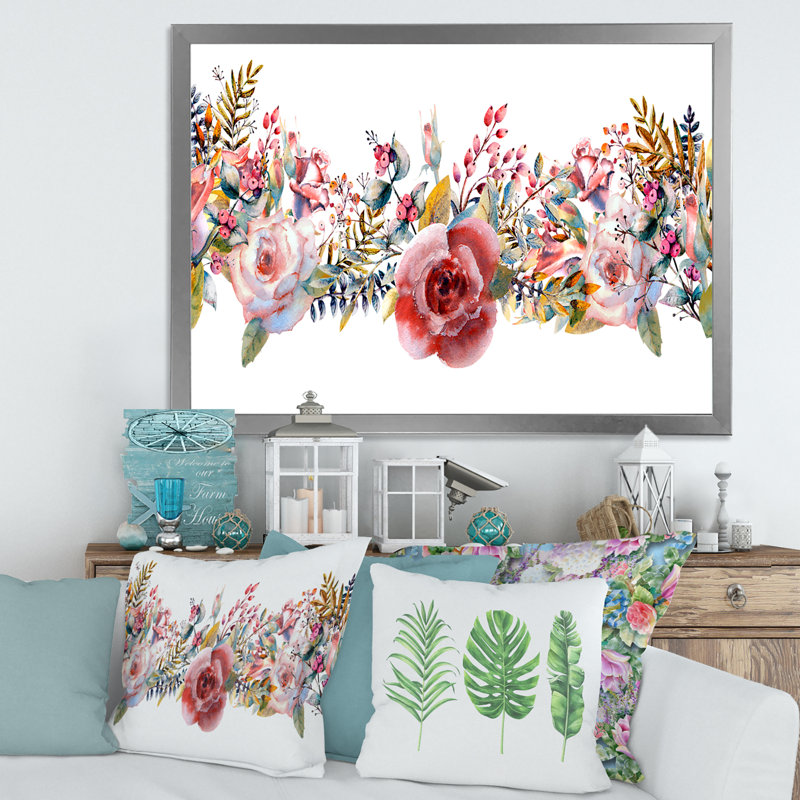 «Pink Roses And Wildflower», reproduction d'art sur toile, H 24 po x l 32 po x P 1 po, Encadrement argenté