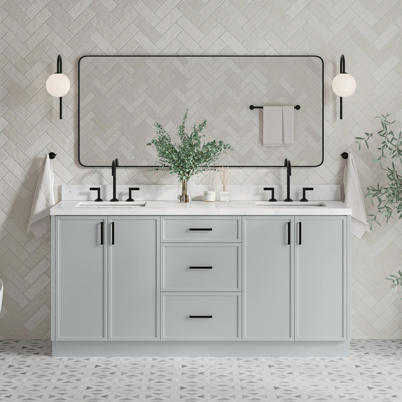 ARIEL Kelly 73 Double Sink Bathroom Vanity with Pure Quartz Top, Gray, Rectangular, Carrara White Quartz