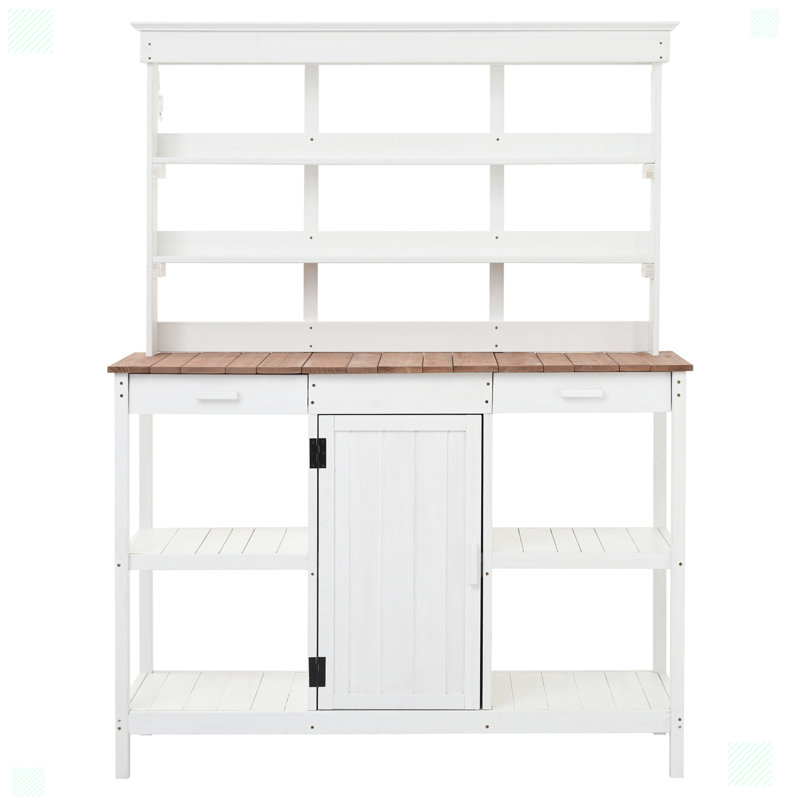 Large Outdoor Farmhouse Workstation With 2 Drawers, Cabinet And Open Shelves, White