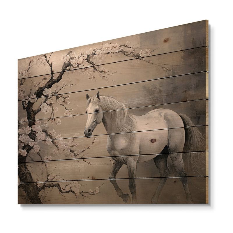 Asian Art HorseGray II sur bois, H 24 po x l 32 po x P 0,78 po