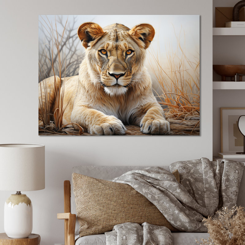 Lionne d'Afrique, puissance I - art mural africain pour le salon, Toile tendue, H 30 po x l 40 po x P 1,5 po