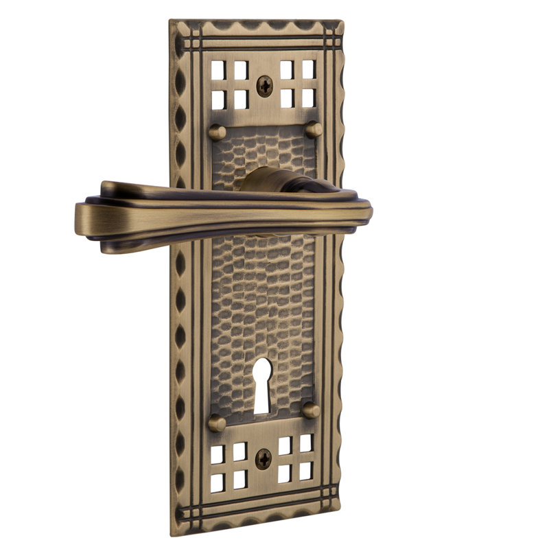Craftsman Plate Passage (Hall & Closet) with Decorative Keyhole and Fleur Lever, 2.375", Antique Brass