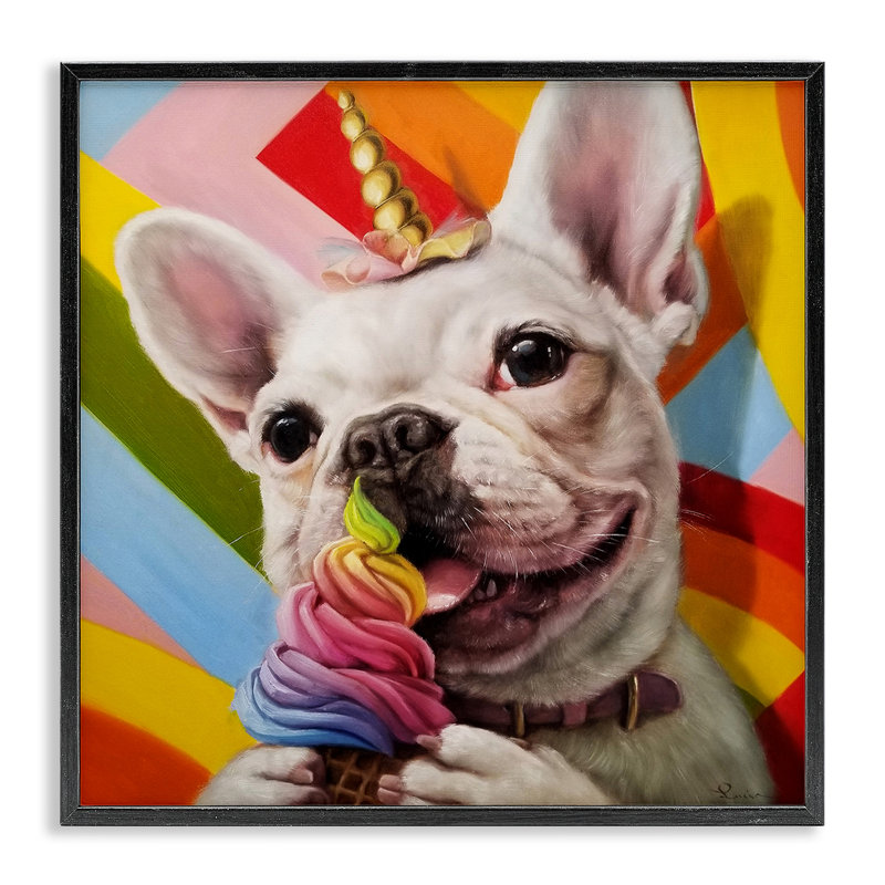 Art giclée arc-en-ciel bouledogue français par Lucia Heffernan, Giclée encadrée noir minuit, H 12 po x l 12 po