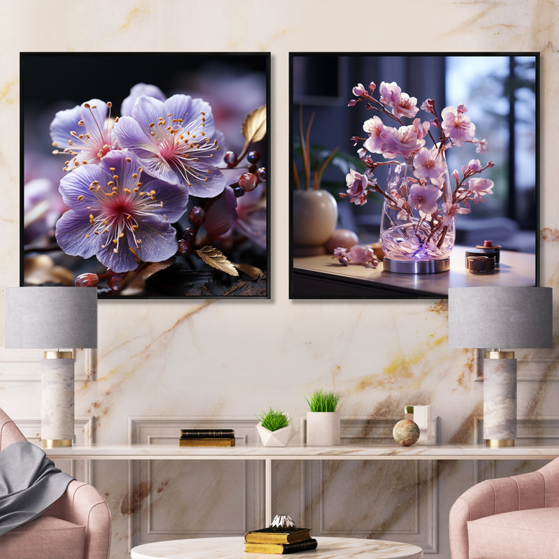Organic Harmony - ensemble de 2 collages carrés violets, Cadre flottant noir, H 16 po x l 33 po
