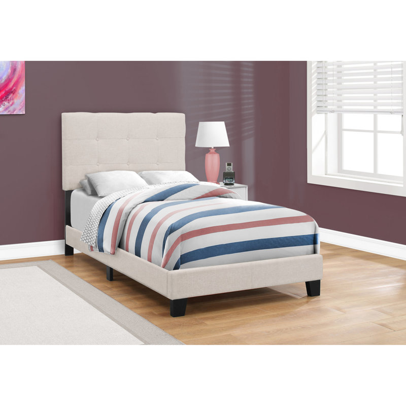 Lit simple rembourré avec housse beige, lit plateforme en lin avec pieds en plastique, fabrication stable, rembourrage en mousse