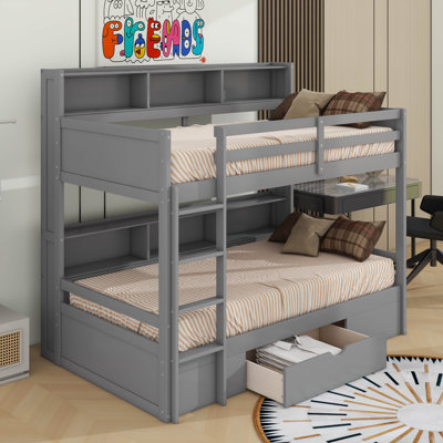 Twin Size Bunk Bed With Built-In Shelves And Storage Drawer