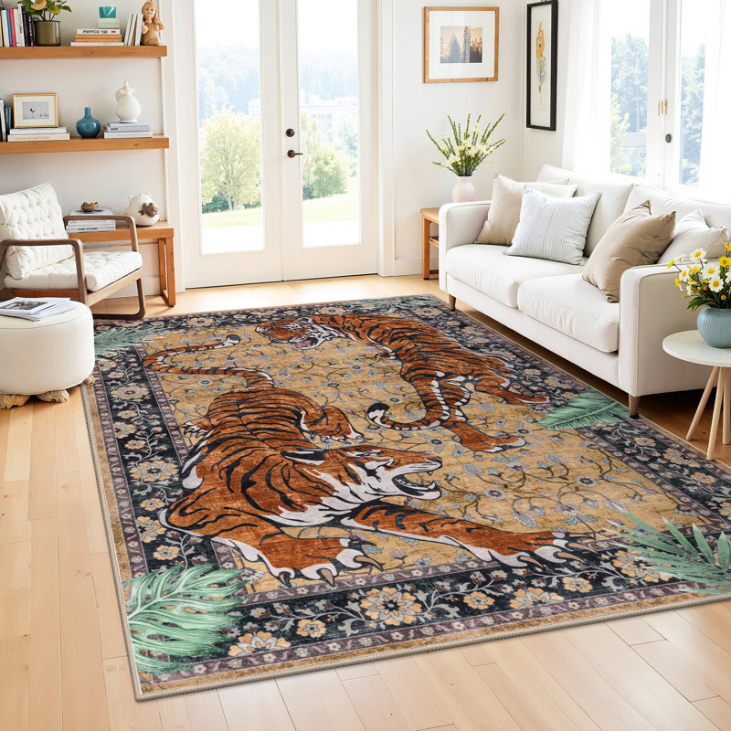 Tapis à motif tigre, tapis oriental lavable, tapis antidérapant, Rectangle 60 po x 84 po