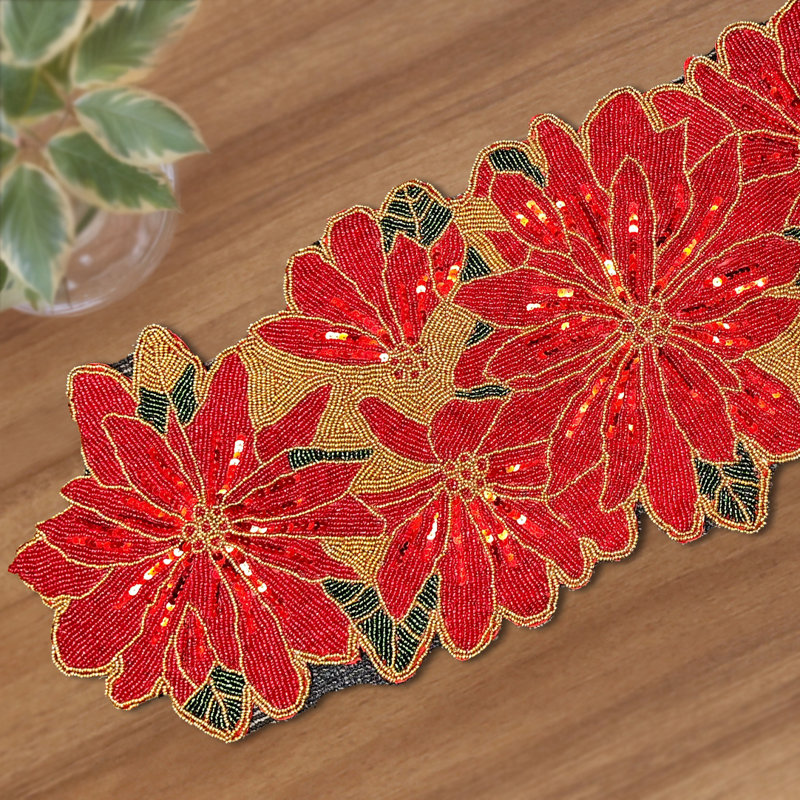 Chemin de table brodé rouge perlé avec broderie en verre pour table de salle à manger et décoration intérieure
