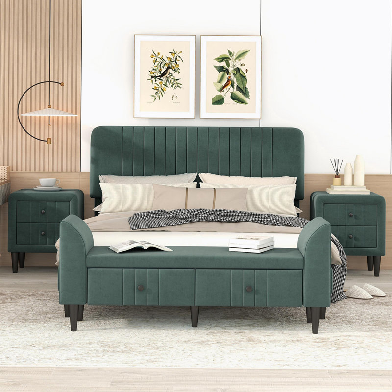 Ensemble de chambre avec lit plateforme 4 pièces avec tables de chevet et banc Amdi, Grand, Vert