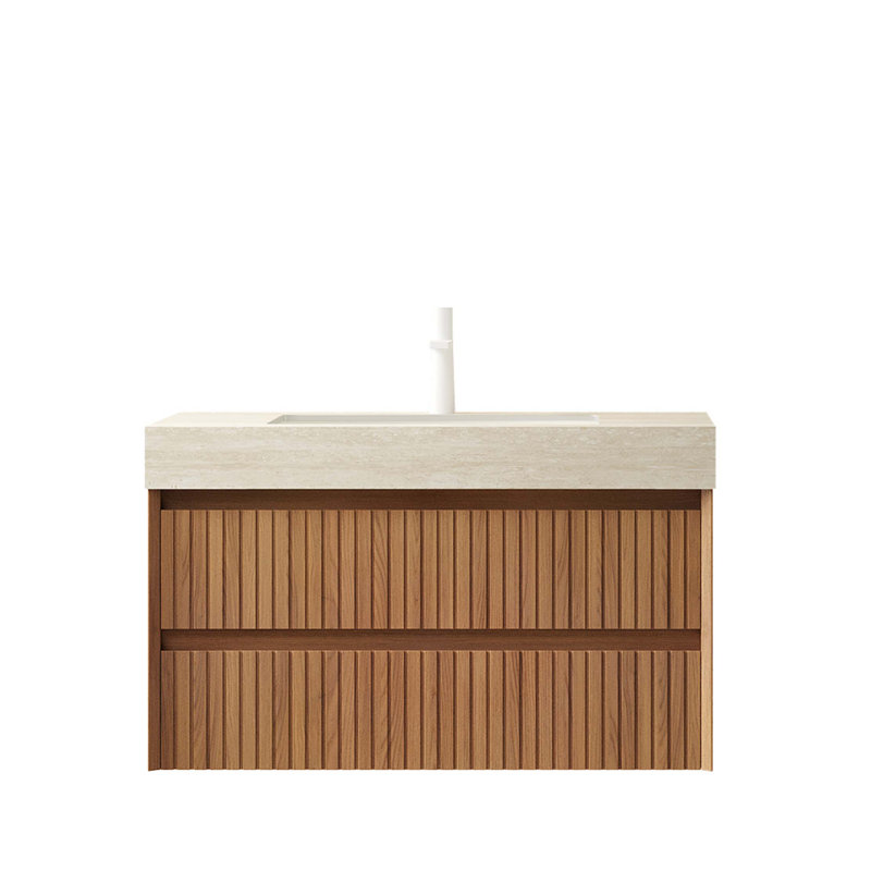 Meuble-lavabo 36 po, meuble de rangement flottant rayé avec 2 tiroirs, plateau en pierre frittée à motif de travertin avec vasque encastrée en céramique, pré-assemblé