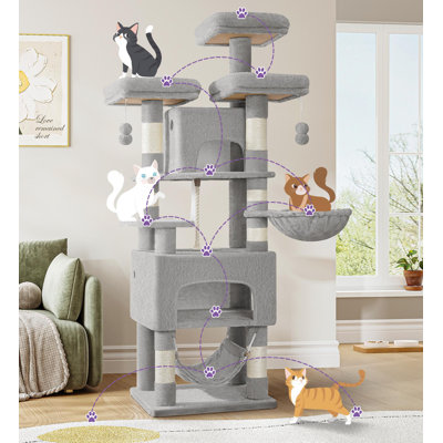 Cat Tree, 69.3'' XL Cat Tree with 3 Platforms, 2 Caves, 7 Scratching Posts, Hammock and Plush Balls, Cat Tower for Multi-Cat Households, Light Grey