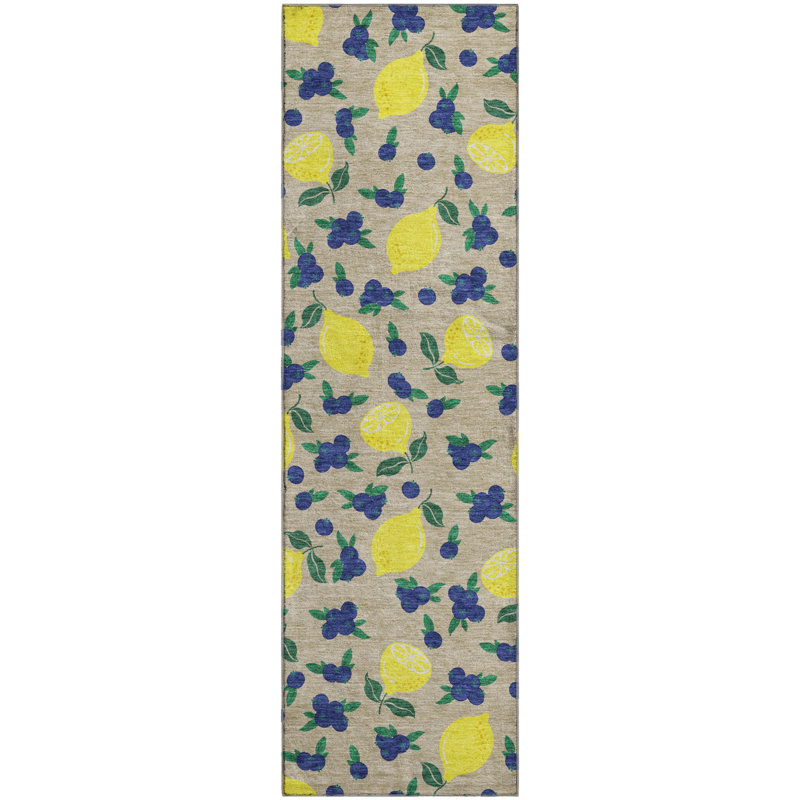 Premium Machine Washable Mayfield  Fruits Rug, 2'3" x 7'6" Runner, Putty