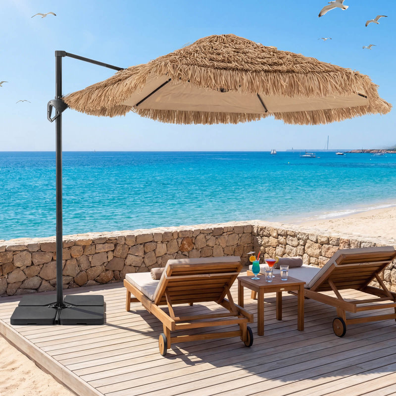 Ensemble de parasol de patio en porte-à-faux 9,5 pi avec base 220 LBS pour jardin Tiki