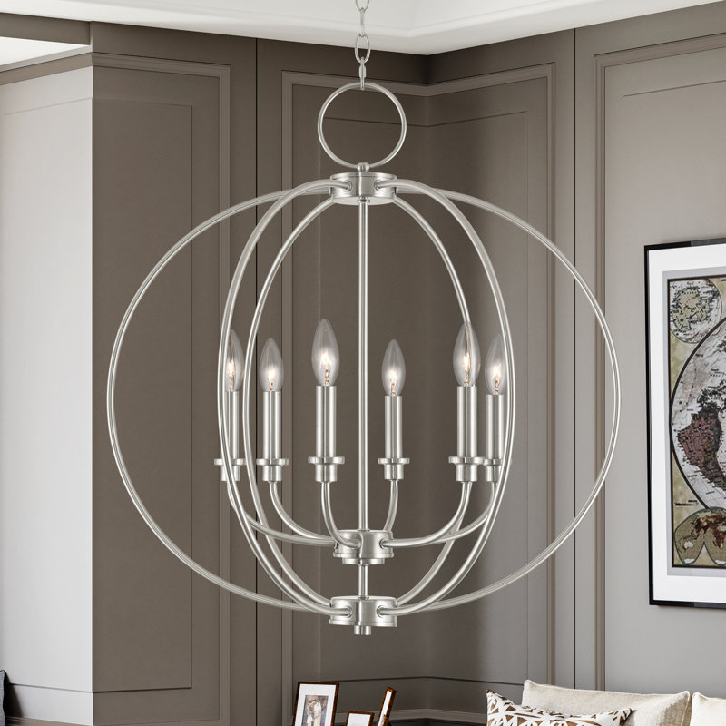 Lustre en forme de globe à 6 lumières de style bougie, Nickel brossé