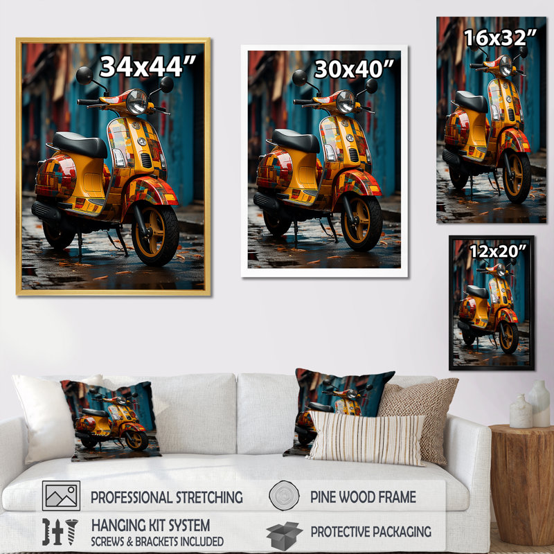 Urban Scooter Street Art I sur toile, Cadre flottant doré, 32" H x 24" W
