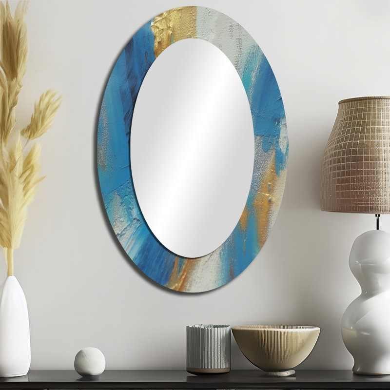 Sudden Sensuality Abstract Turquoise And Gold - Abstract Oval Decorative Mirror On Metal, 36" x 24"