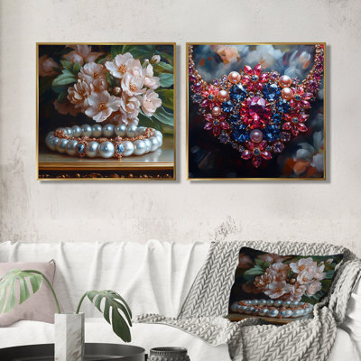 Pink High-End Jewelry and Pearls I - Fashion Wall Decor - Glam Wall Art 2 Piece