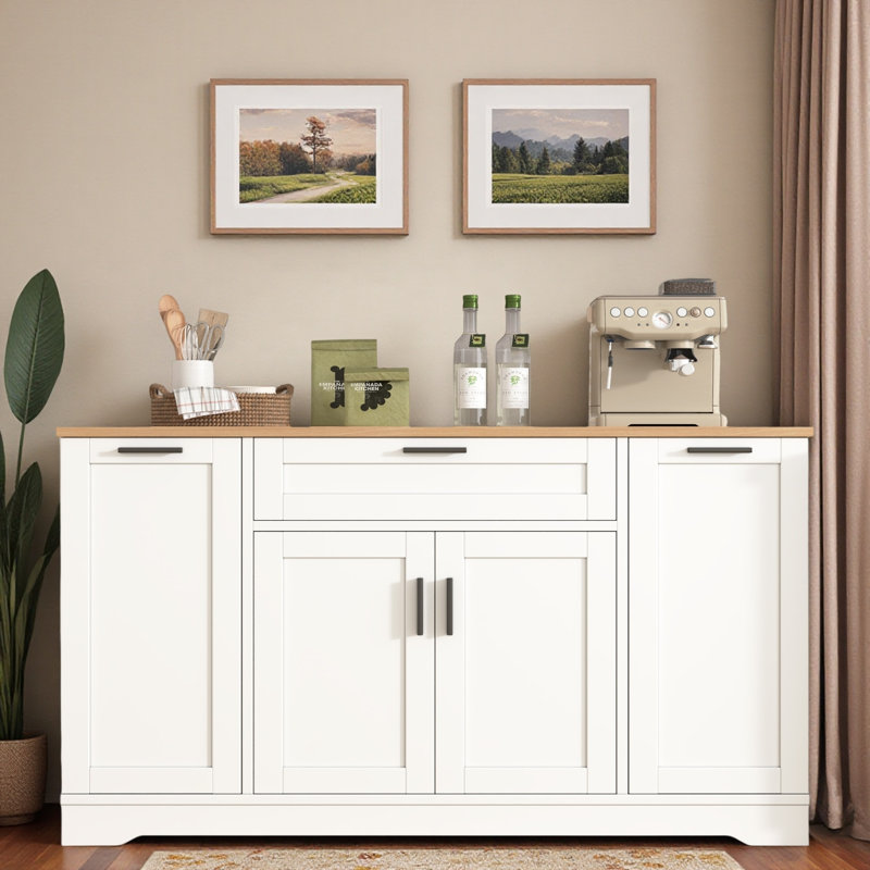 Multi-functional Storage Sideboard With Adjustable Shelves, 3-tier Pull-out Rack, Drawer And Door Storage Racks, White