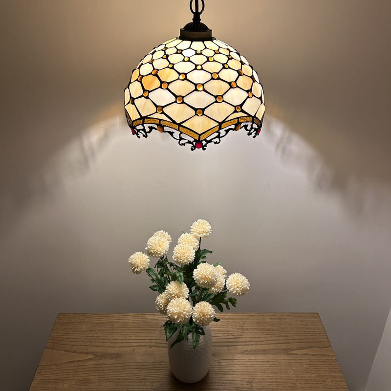 Beige Stained Glass Crystal Bronze Pendant Light with LED Bulb