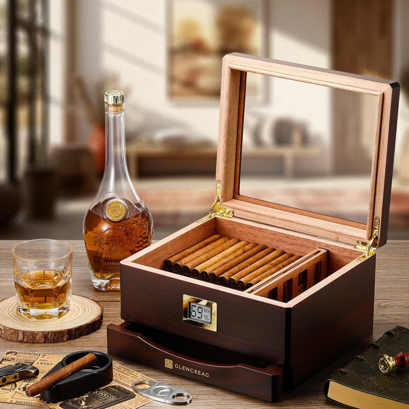 Reddish Brown Cedar Humidor Box with Glass Top and Hygrometer