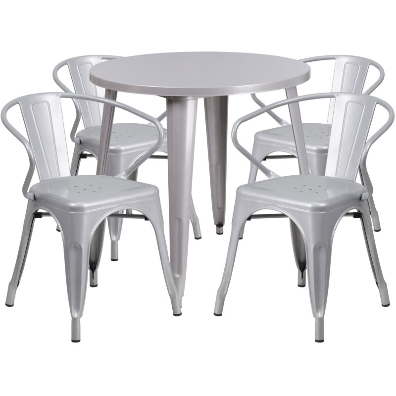 Ensemble de table ronde intérieure / extérieure en métal 24 po Cordele, Argent, H 29,50 po x l 30 po x L 30 po