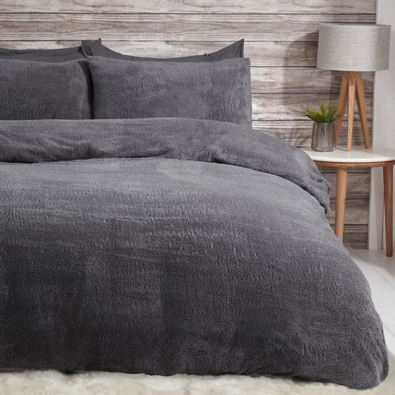 Livinia Polyester Solid Colour Duvet Cover Set with Pillowcases, Charcoal, Super King - 2 Standard Pillowcases