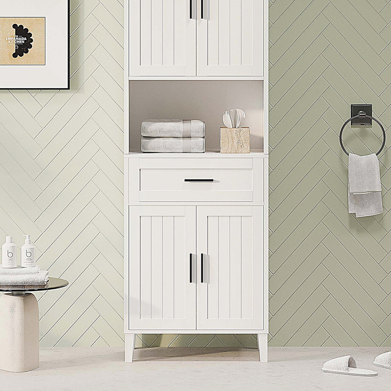 Armoire de salle de bain avec tiroir, 2 armoires, 2 tablettes réglables et rangement ouvert, Noir