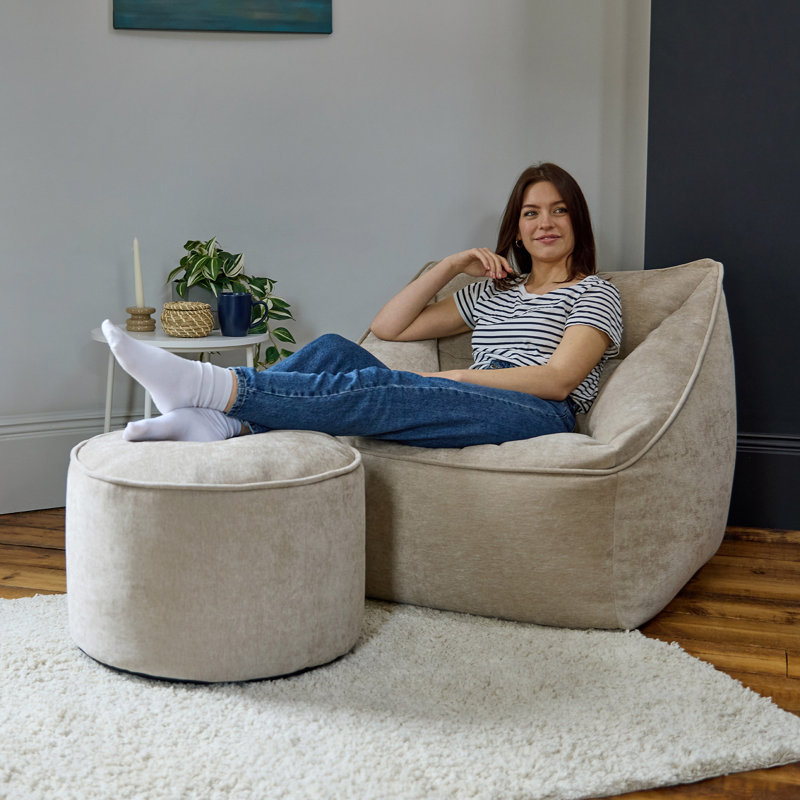 Bean Bag Bazaar Natalia Armchair Bean Bag and Round Footstool, Beige, Chenille