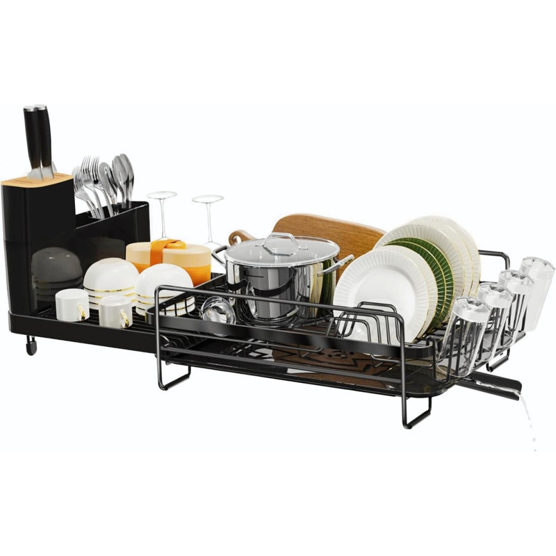 Égouttoir à vaisselle extensible, grand support à vaisselle noir pour comptoir de cuisine, égouttoirs à vaisselle antirouille avec couverts et porte-gobelets