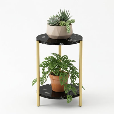 Support à plantes rond à 2 niveaux en métal avec étagères en faux marbre noir, table d'appoint moderne pour salon, chambre et terrasse (Or/Noir)