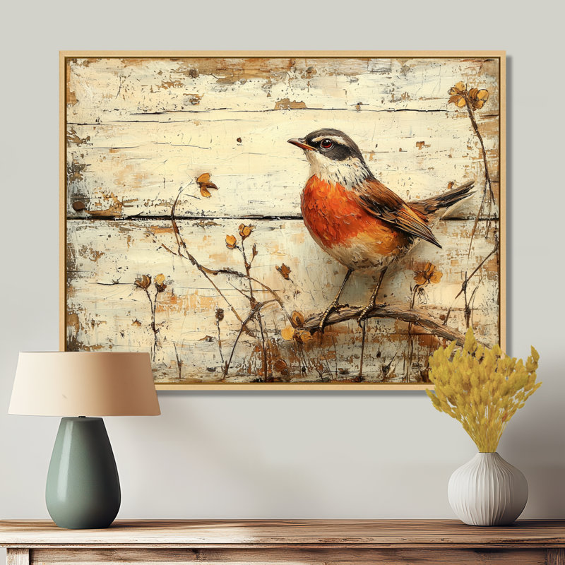 «Robin Bird» par The Farm II - oiseau, art mural sur toile, H 16 po x l 32 po, Cadre flottant, Crème, crème