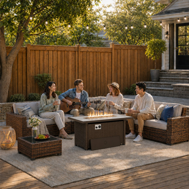 Ensemble de conversation modulaire pour l'extérieur avec coussins, 8 pièces: table, 6 chaises, table de foyer, Gris
