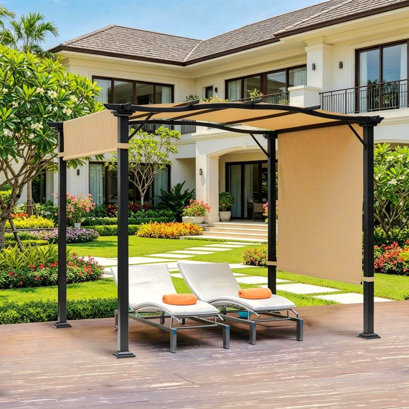 Auvent rétractable pour la cour arrière, abri de jardin extérieur avec abri de soleil et structure en acier 8 pi x 10 pi
