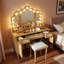 Meuble-lavabo de 44,37 po avec 13 ampoules Hollywood, 3 miroirs à trois modes d'éclairage, 3 grands tiroirs, 2 tiroirs de bureau, un rangement de table ouvert, 2 armoires, une station de charge et un tabouret-130385793