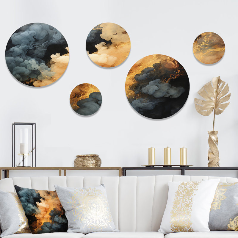 Gris et orange polaire éclat de fumée II - ensemble abstrait d'art mural rond de 5