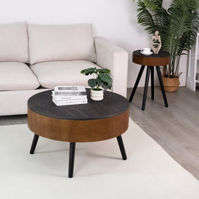 31.5-Inch Round Carved Coffee Table With Storage Space, Mid-Century Modern Style Wooden Coffee Table