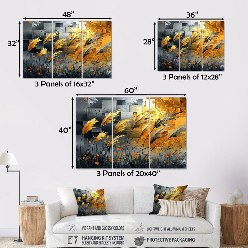 Or et gris graminées vents - ensemble d'art mural prairie, H 28 po x l 36 po x P 1 po, Métal métal