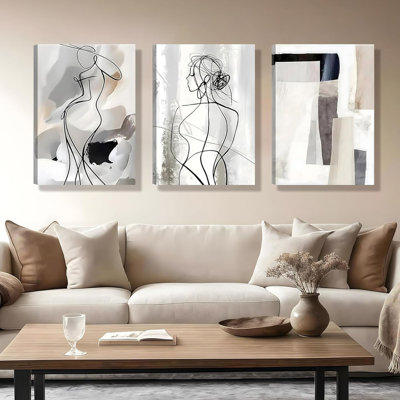 Encadrée 3 pièces noir blanc abstrait ligne art mural silhouette féminine et éléments géométriques photos affiches modernes minimalistes peintures sur toile décoration murale pour le salon chambre décoration