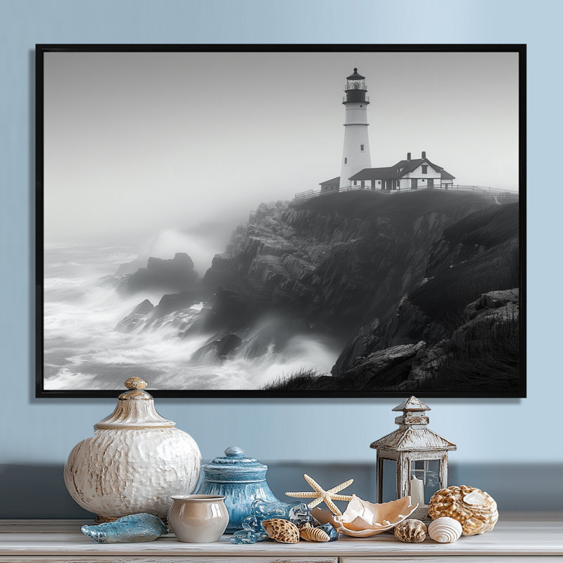 Phare monochrome brouillard d'hiver Cliff II - phares, art mural, H 24 po x l 32 po, Cadre flottant noir