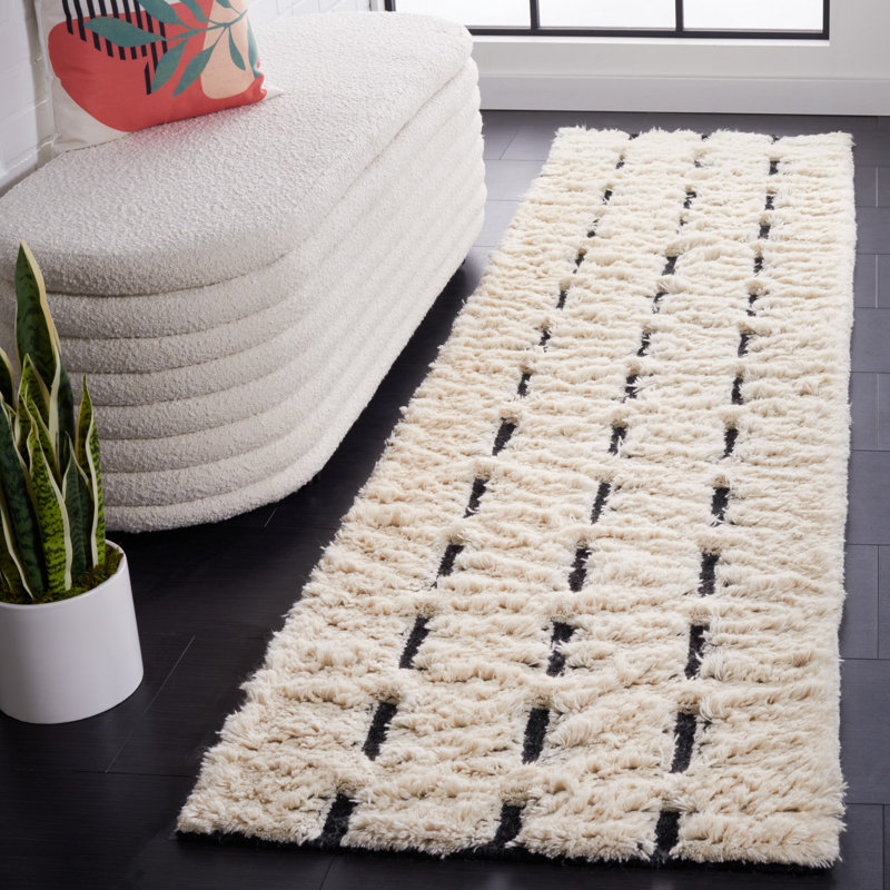 Franchezca Hand Woven Wool/Cotton Striped Rug in Ivory/Black, Runner 2'3" x 9'