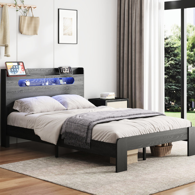 Très grande base de lit plateforme avec rangement, tête de lit à DEL et 2 sommiers sans sommier, assemblage rapide, finition noire