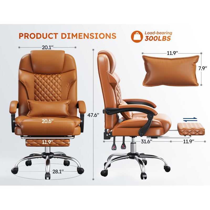 Grand et grand fauteuil de bureau ergonomique avec repose-pieds et soutien lombaire, Brun