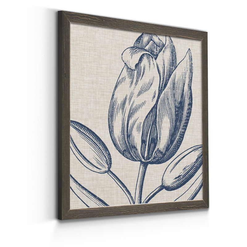 Indigo floral sur lin IV-toile de qualité supérieure encadrée-prête à accrocher-reproduction sur toile encadrée, Gris