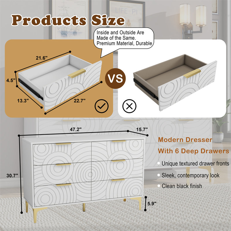 Commode moderne à 6 tiroirs pour chambre à coucher, commode large avec pieds et poignées en métal doré, rangement pour rangement - blanc