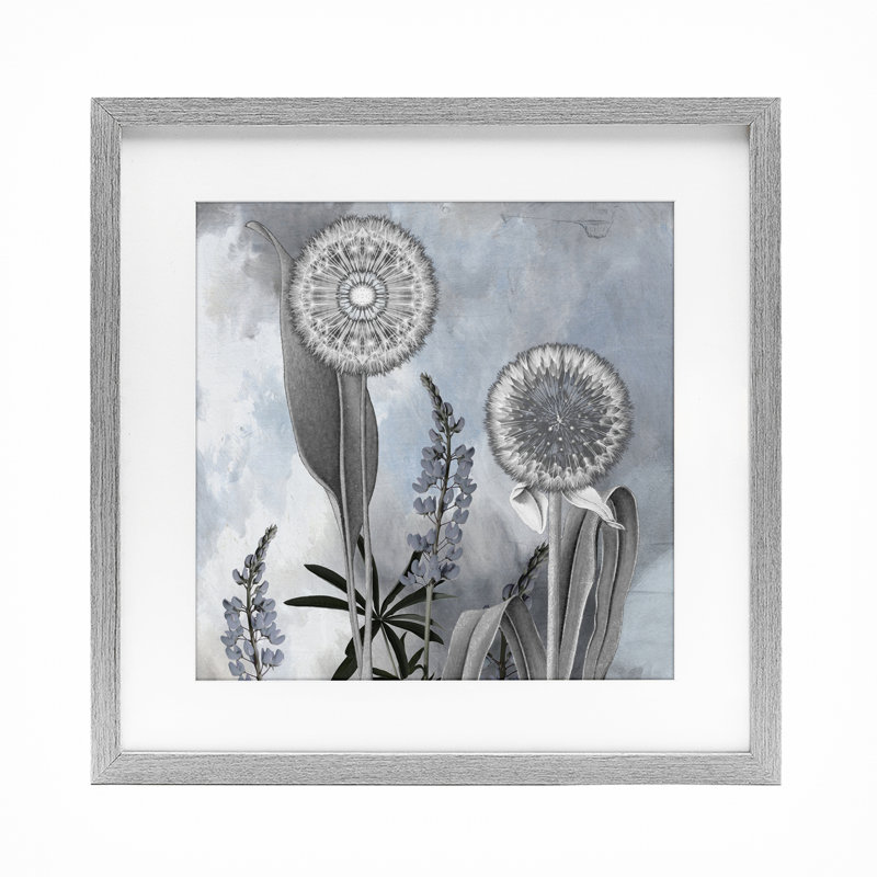 Reproduction encadrée de verre pissenlit gris ton ciel, par Sophie 6, H 16 po x l 16 po, Cadre de ferme gris