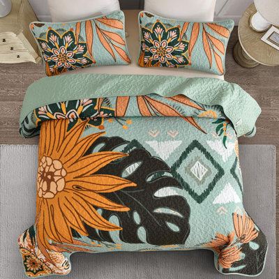 3 Pieces Boho Floral Botanical Quilt Set Lightweight Microfiber Farmhouse Bedspread Coverlet All Season