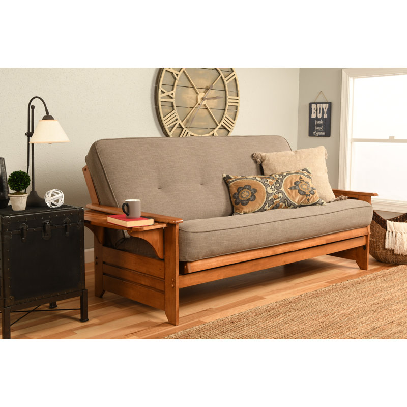Futon double avec matelas Johnte, Barbade, Microsuède lin pierre, Ressorts hélicoïdaux