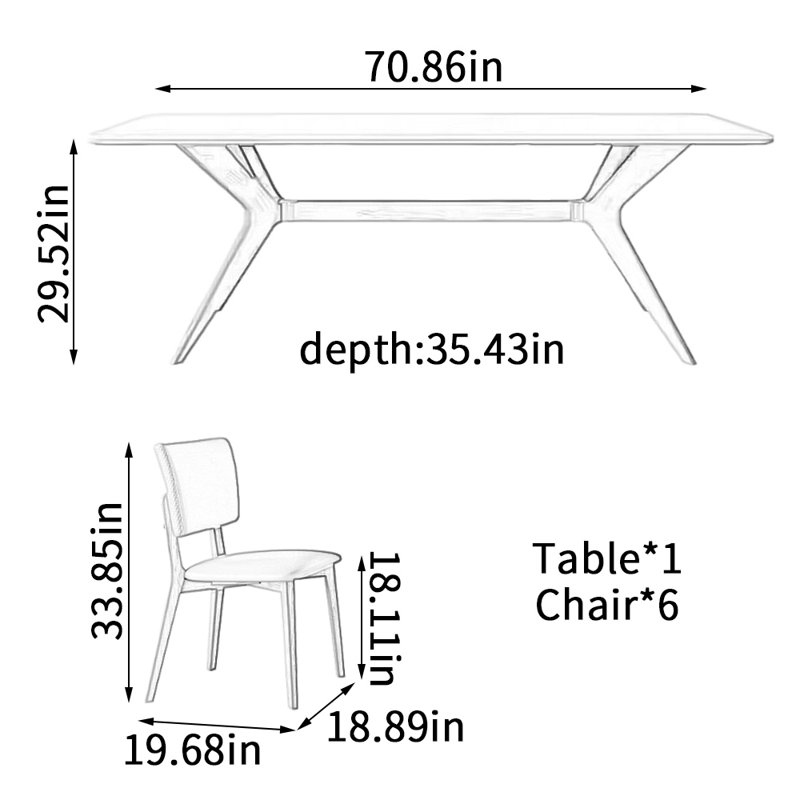 Ensemble de table de salle à manger rectangulaire, H 29,52 po x L 70,86 po x l 35,43 po
